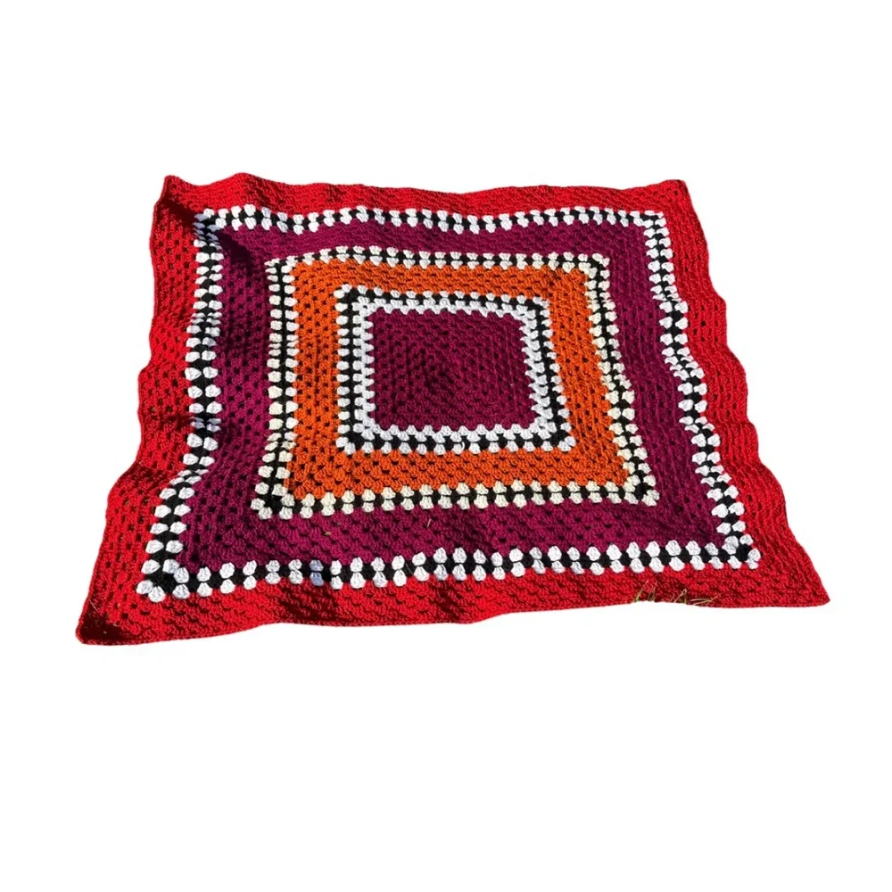 Vintage Handmade Crochet Granny Square Afghan Blanket 36x36 Red Orange Purple‎